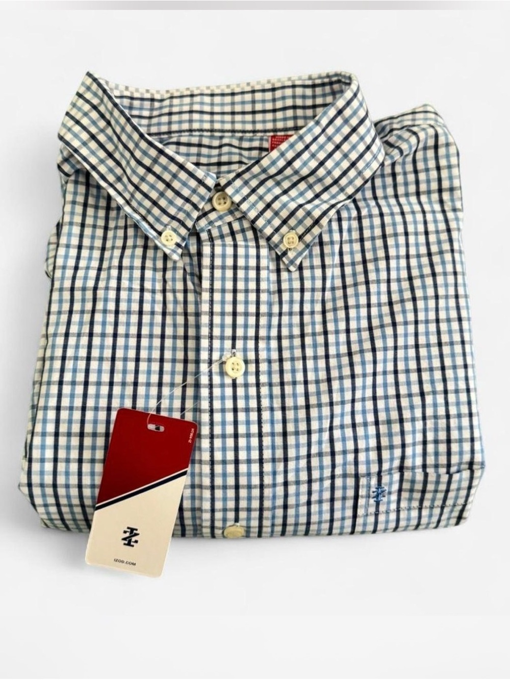 IZOD Men’s Large Shirt 100% Cotton Blue White Plaid Check Long Sleeve Button Up - Picture 1 of 11